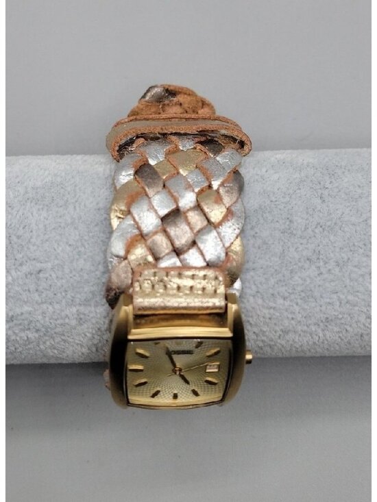 Vintage Fossil Ladies JR9017 Square Watch Date Window Woven Leather Band  8\